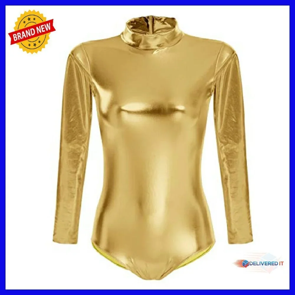 Shiny Metallic Long Sleeve Leotard Mock Turtleneck Bodysuit for Dance
